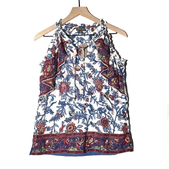 NEW Point Sur J.Crew Ruffle Block Print Tank Top 00 White Maroon Blue Blouse NWT - Picture 3 of 9